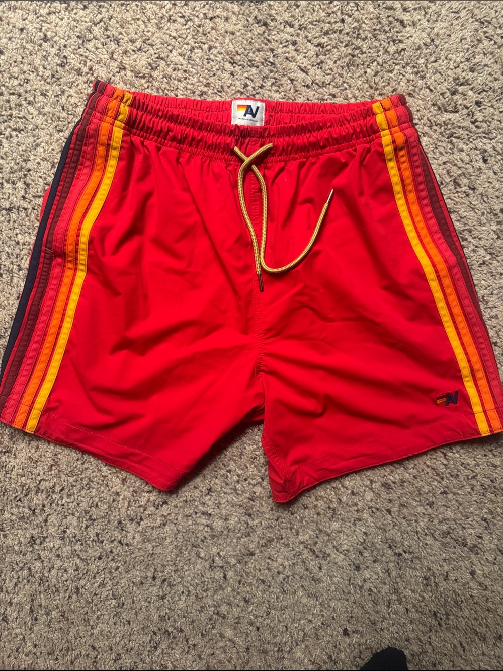 Aviator nation men’s Red Athletic Swim/Running Shorts with Yellow Stripe Accent